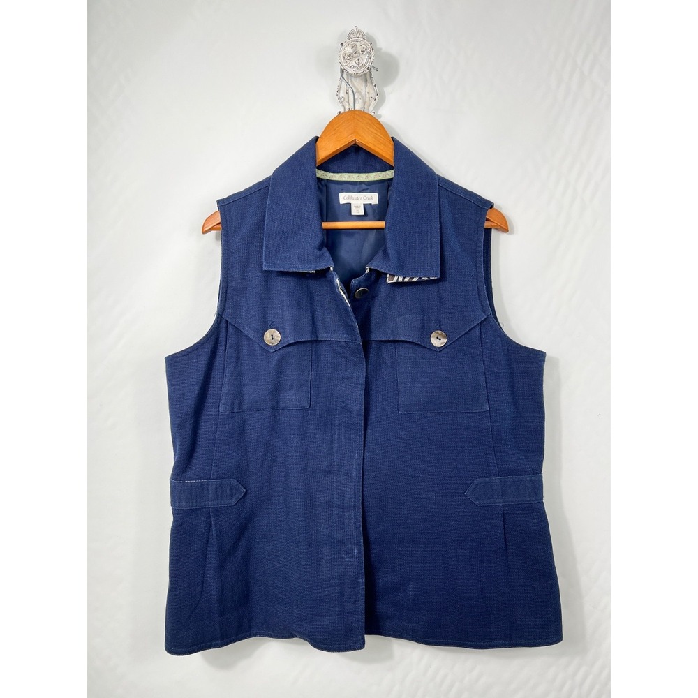Coldwater Creek Safari Vest Women's XL Blue Linen Blend Pockets Back Buckle